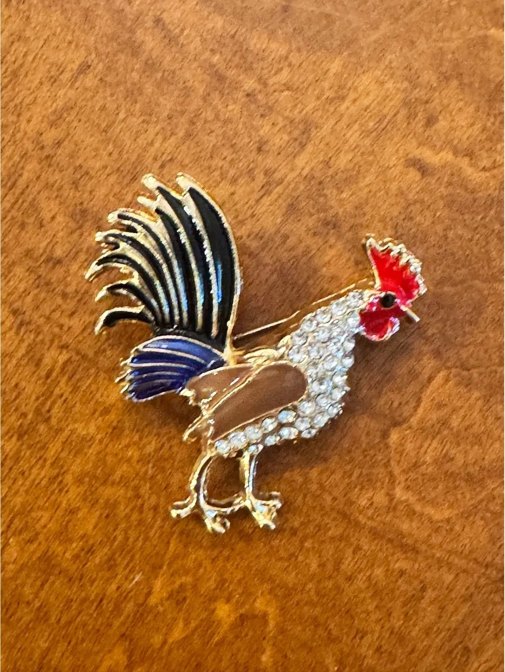 Vintage Rooster Brooch Pin with Rhinestones and Enamel 511